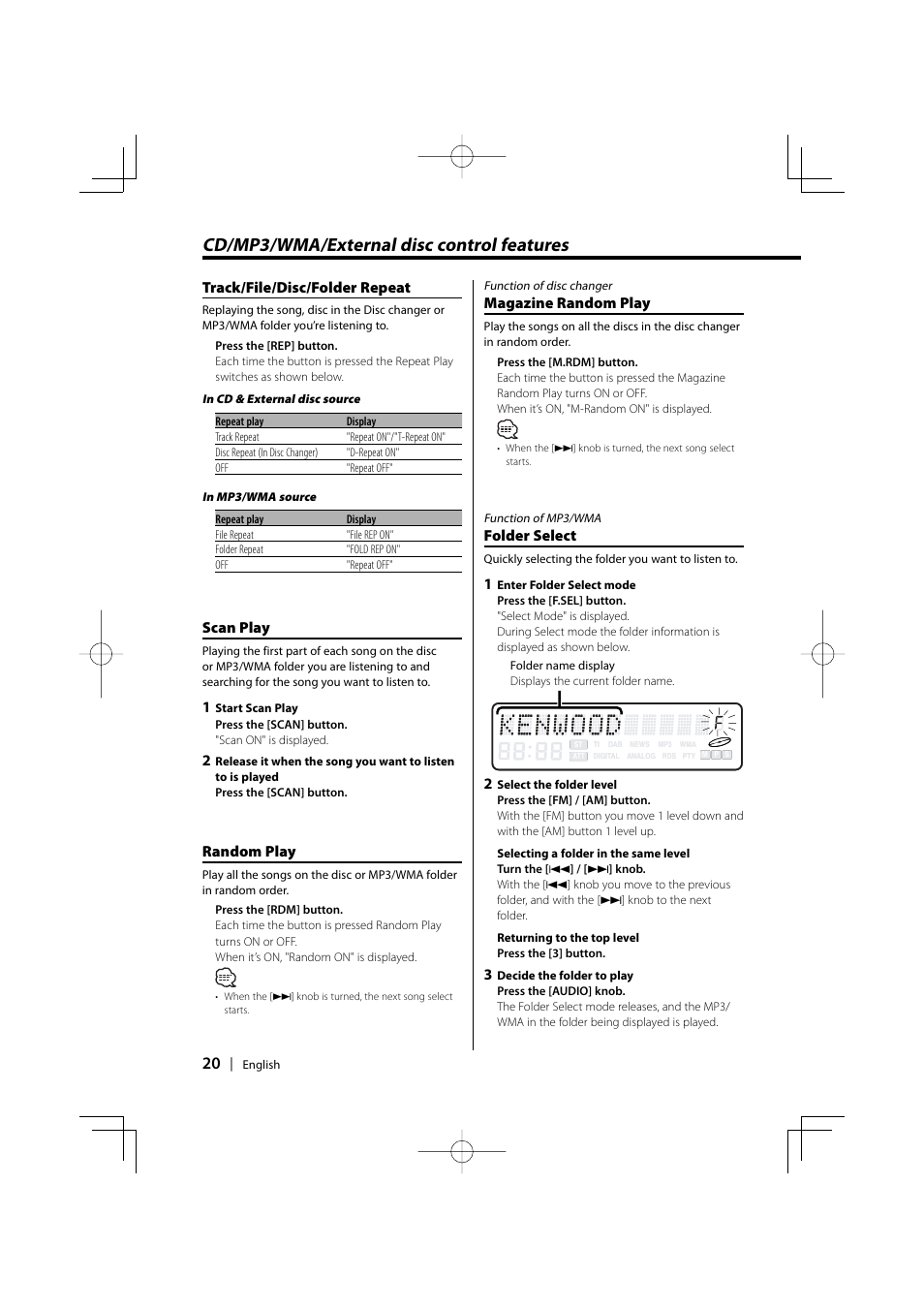 Cd/mp3/wma/external disc control features, Folder select, Track/file/disc/folder repeat | Scan play, Random play, Magazine random play | Kenwood EZ500 User Manual | Page 20 / 112