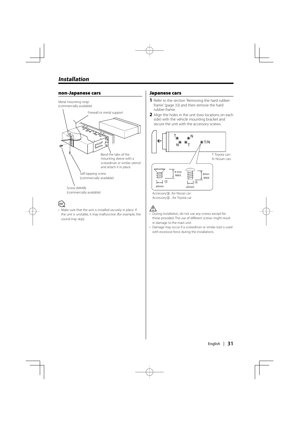 Installation, Non-japanese cars japanese cars 1 | Kenwood EZ500 User Manual | Page 31 / 112