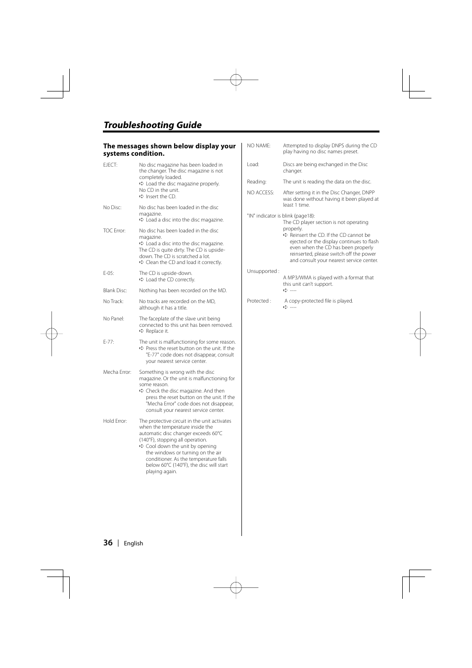 Troubleshooting guide | Kenwood EZ500 User Manual | Page 36 / 112