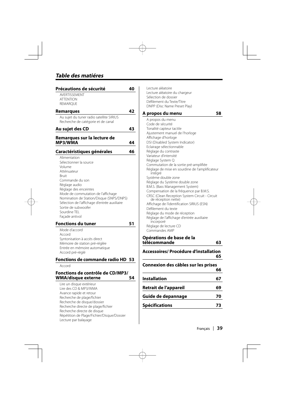 French, Table des matiéres | Kenwood EZ500 User Manual | Page 39 / 112