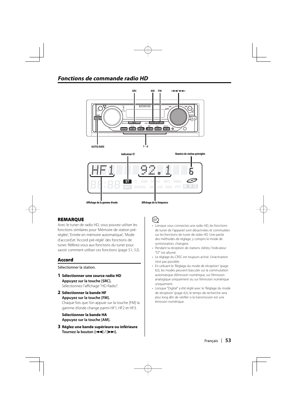 Fonctions de commande radio hd, Remarque, Accord | Kenwood EZ500 User Manual | Page 53 / 112