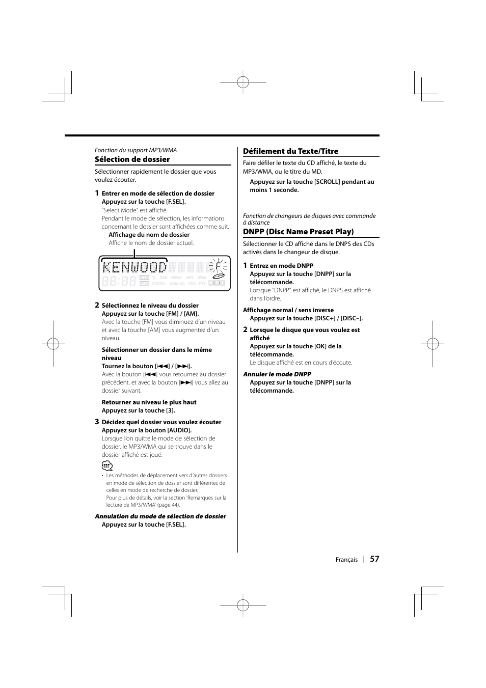 Dnpp (disc name preset play), Défilement du texte/titre, Sélection de dossier | Kenwood EZ500 User Manual | Page 57 / 112