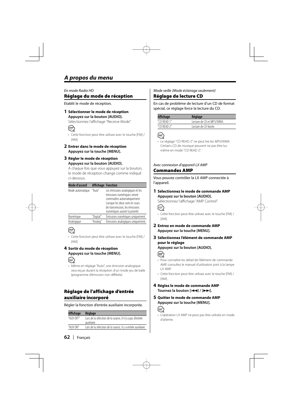 A propos du menu | Kenwood EZ500 User Manual | Page 62 / 112