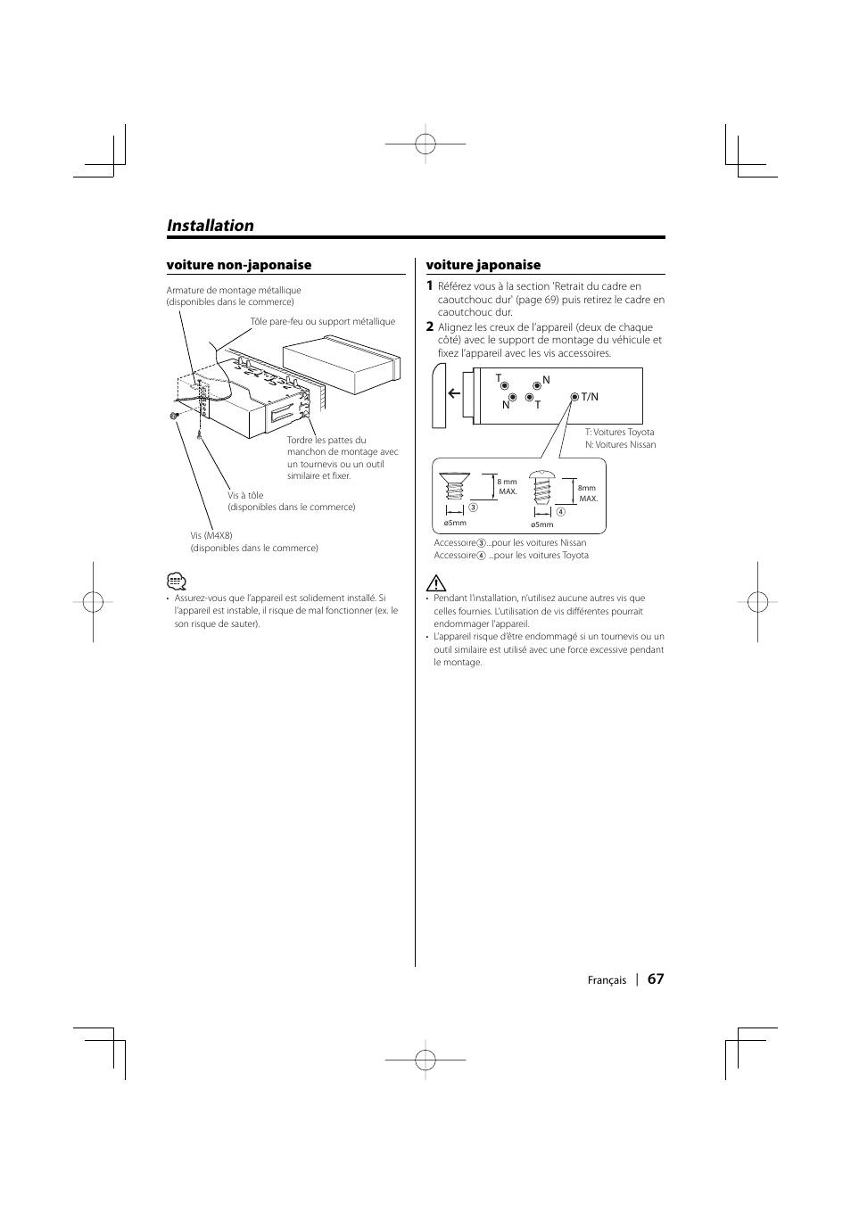 Installation, Voiture non-japonaise voiture japonaise 1 | Kenwood EZ500 User Manual | Page 67 / 112