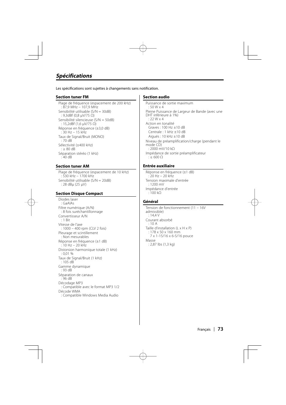 Spécifications | Kenwood EZ500 User Manual | Page 73 / 112