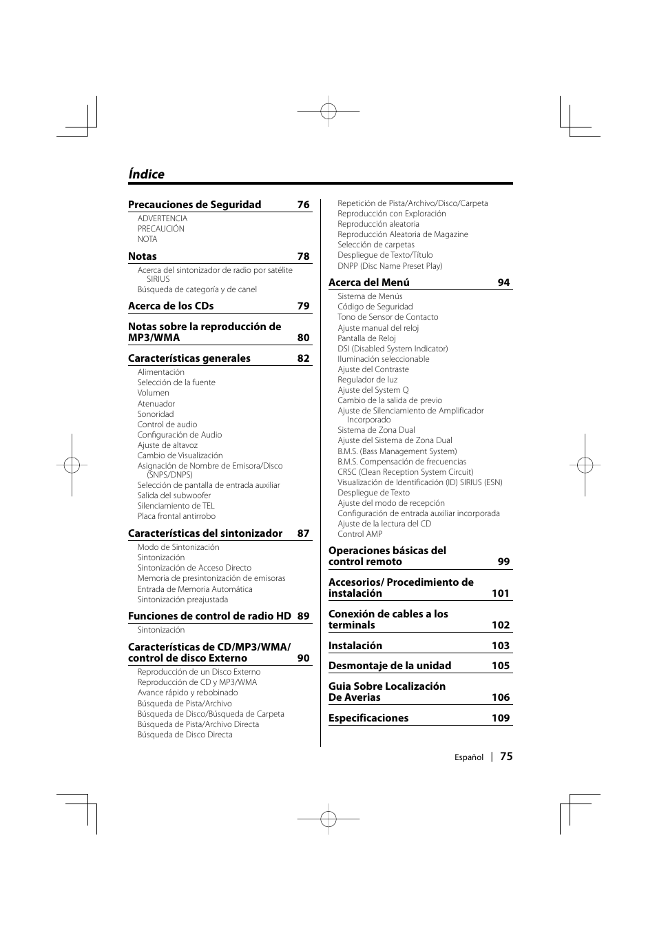Spanish, Índice | Kenwood EZ500 User Manual | Page 75 / 112