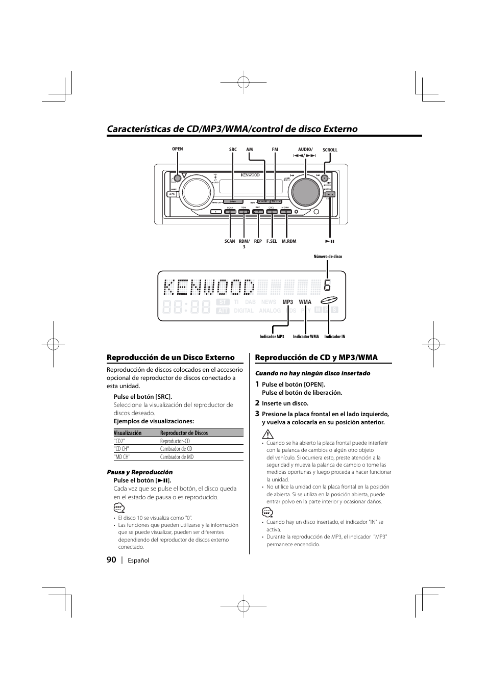 Reproducción de cd y mp3/wma, Reproducción de un disco externo | Kenwood EZ500 User Manual | Page 90 / 112