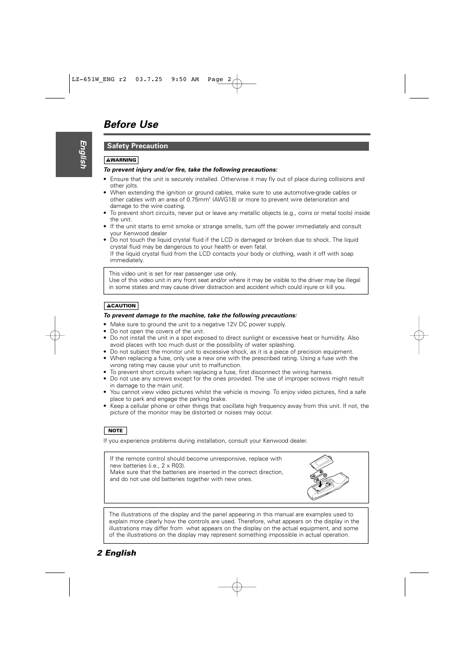 English, Before use, Safety precaution | 2 english | Kenwood LZ-651W User Manual | Page 2 / 10