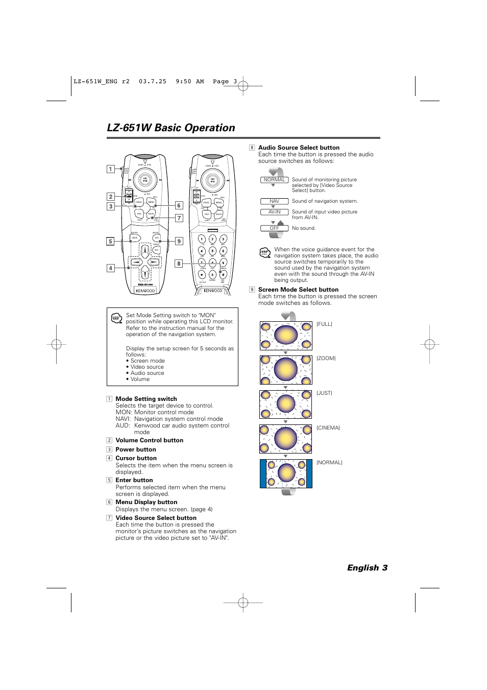 Lz-651w basic operation, English 3, Full] [zoom] [just] [cinema] [normal | Kenwood LZ-651W User Manual | Page 3 / 10