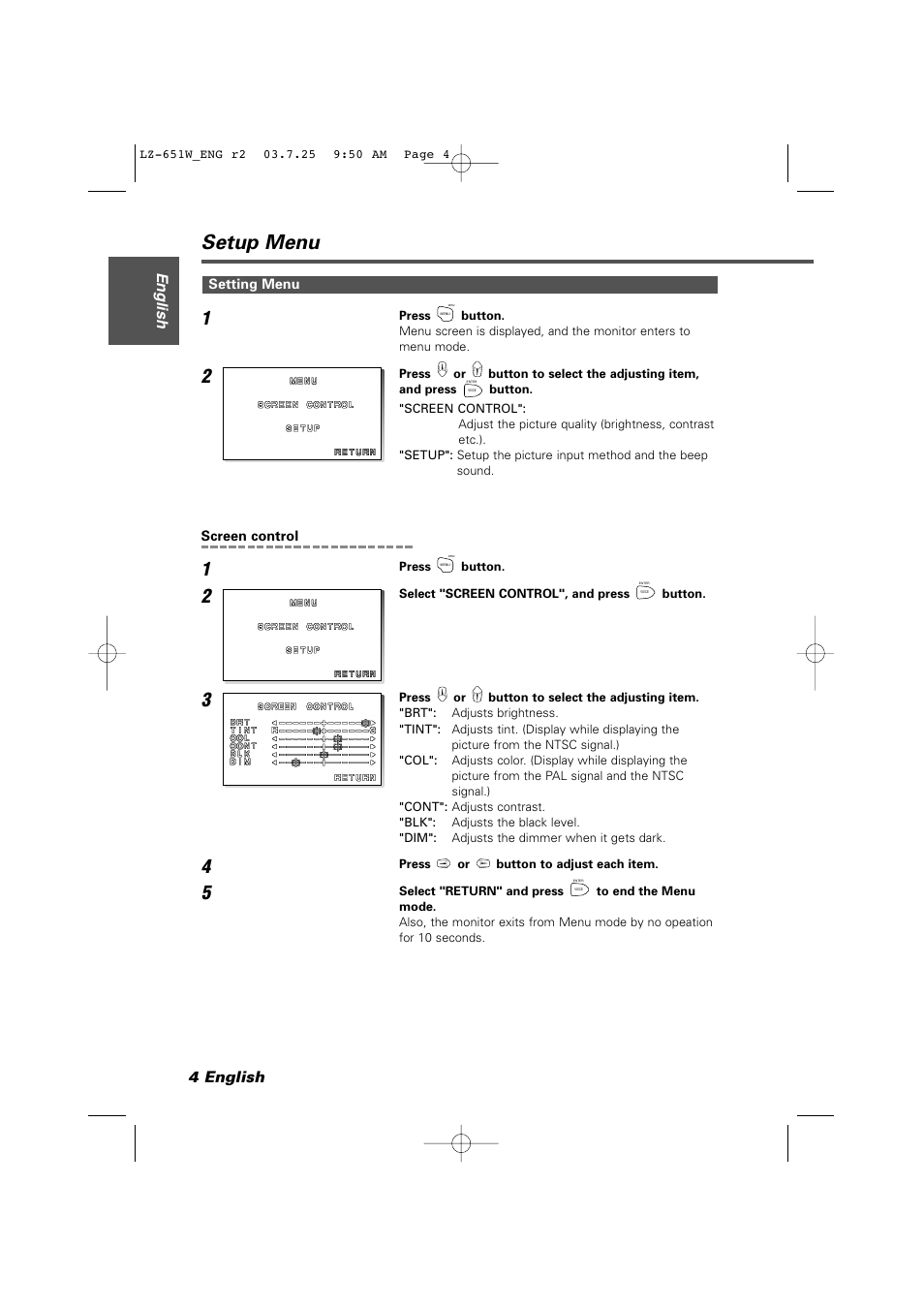 Setup menu, Setting menu, 4 english | English | Kenwood LZ-651W User Manual | Page 4 / 10