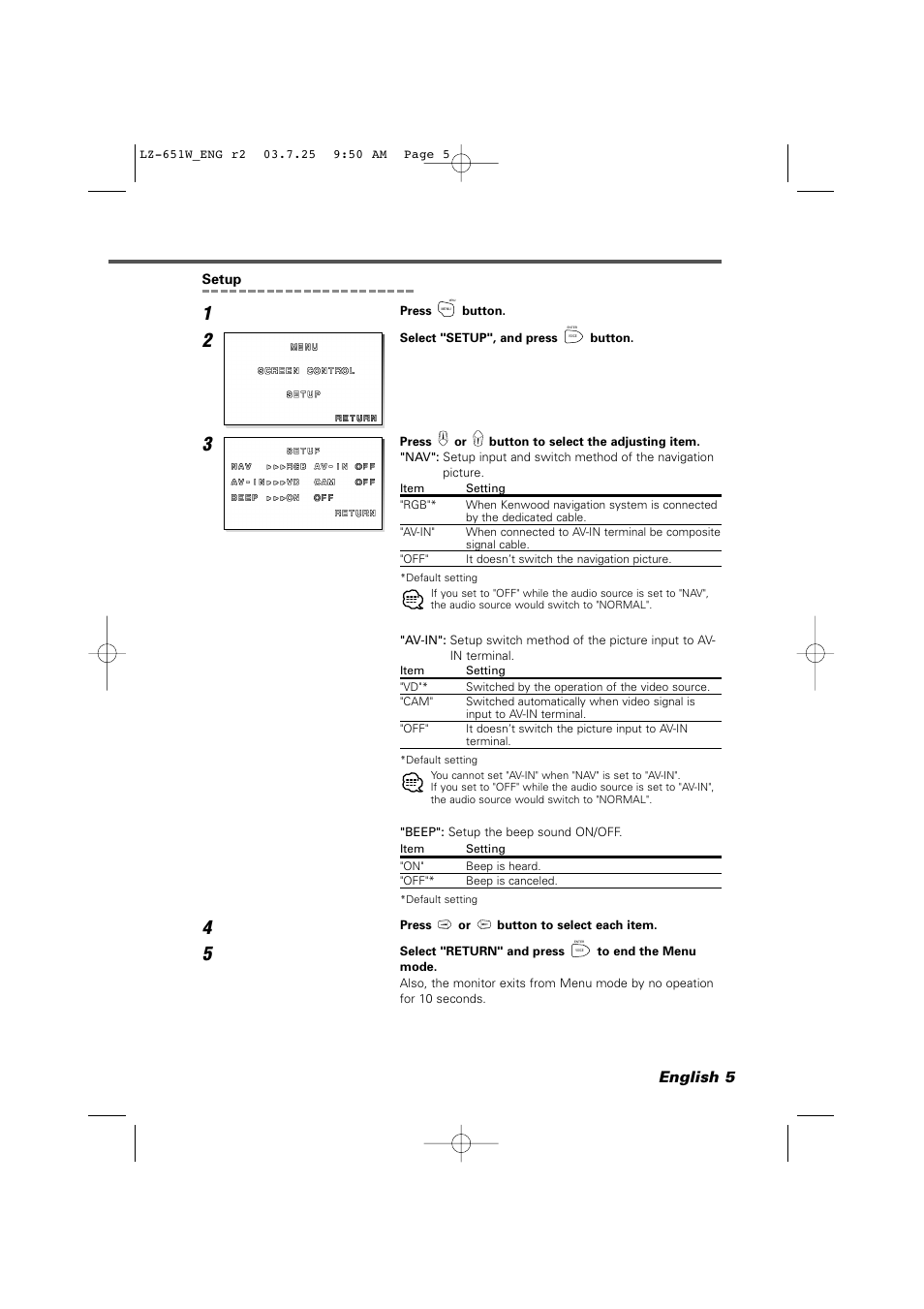 English 5 | Kenwood LZ-651W User Manual | Page 5 / 10