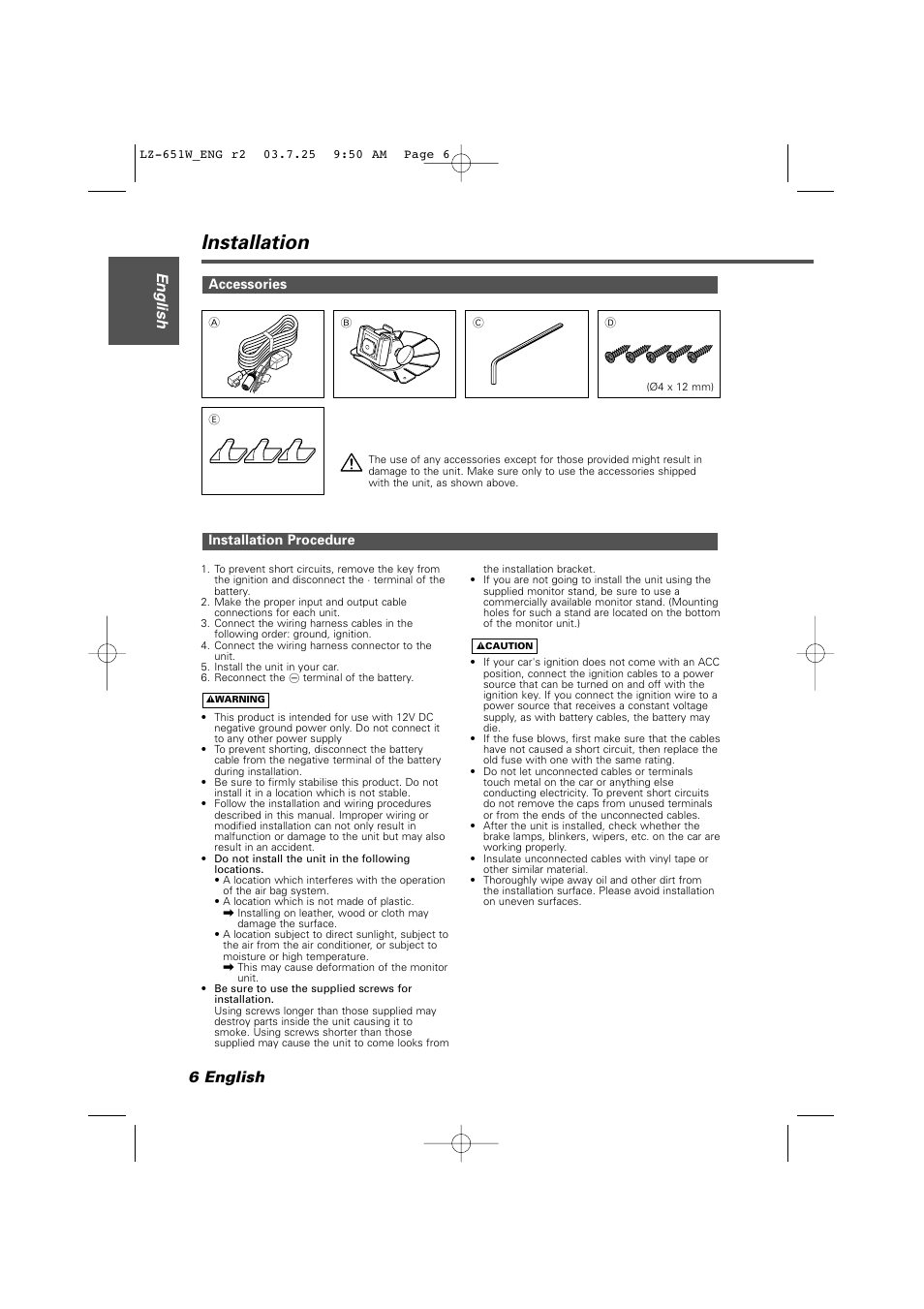 Installation, Accessories, Installation procedure | 6 english english | Kenwood LZ-651W User Manual | Page 6 / 10