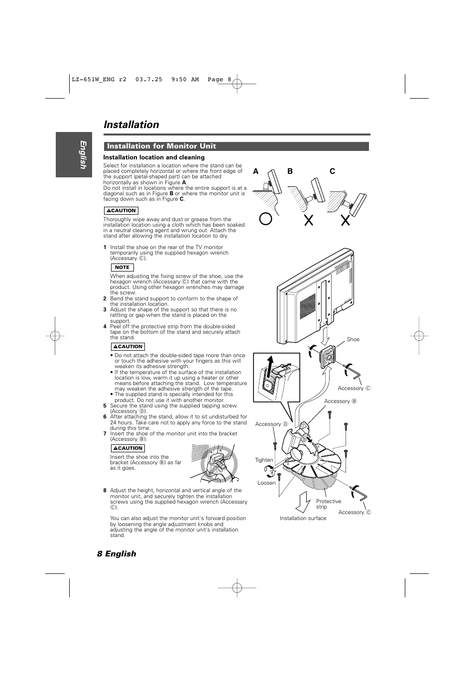 Installation for monitor unit, Installation, 8 english english | Kenwood LZ-651W User Manual | Page 8 / 10