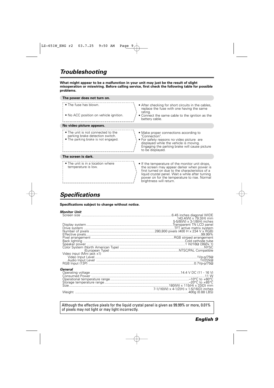 Troubleshooting, Specifications, English 9 | Kenwood LZ-651W User Manual | Page 9 / 10