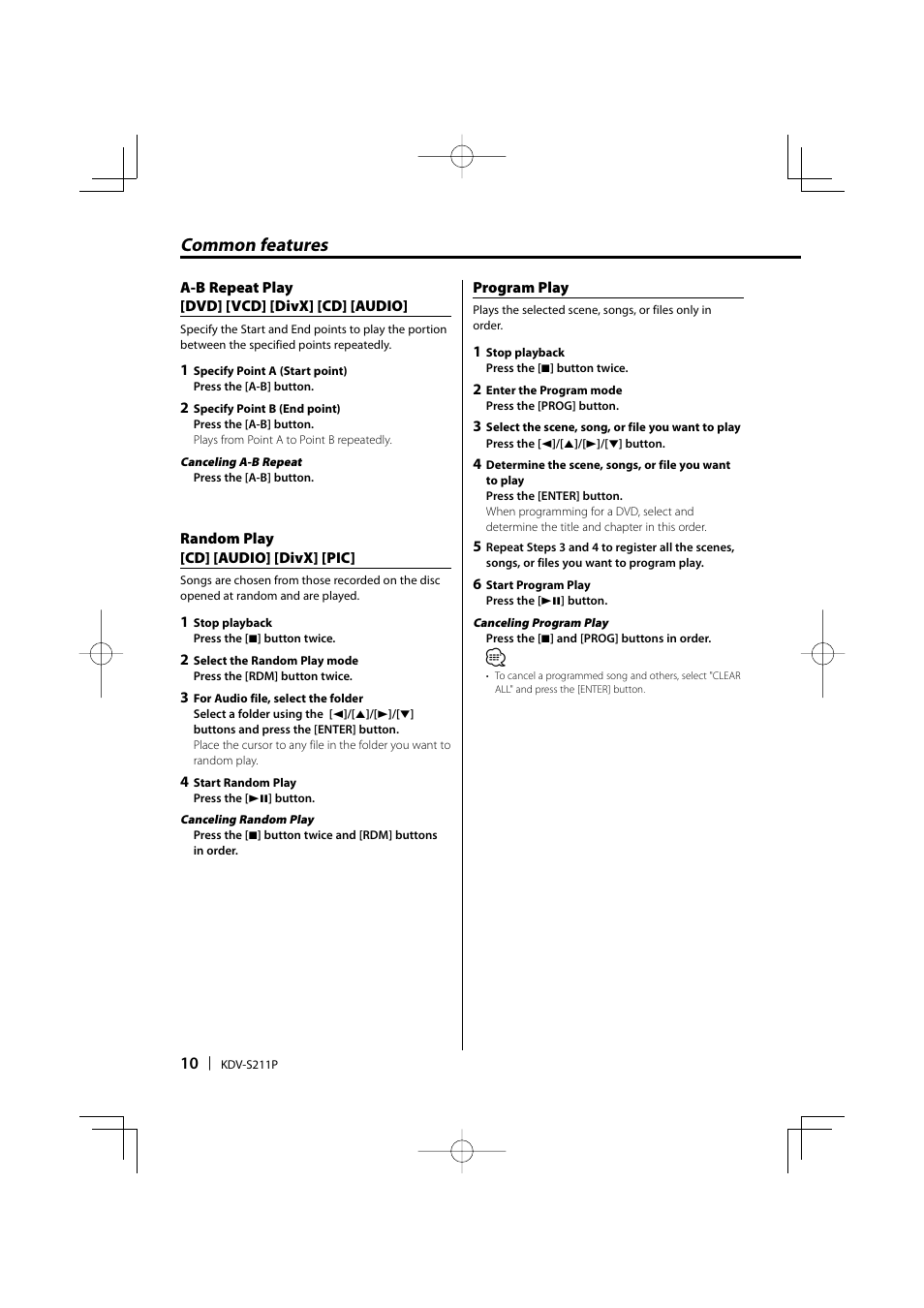 Common features | Kenwood KDV-S211P User Manual | Page 10 / 68