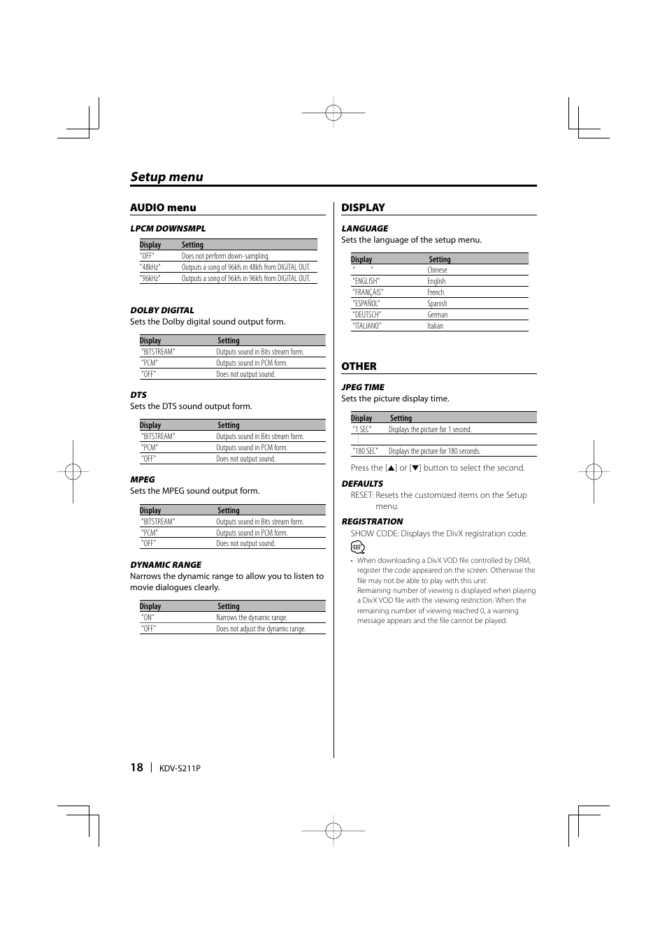 Setup menu, Audio menu, Display | Other | Kenwood KDV-S211P User Manual | Page 18 / 68