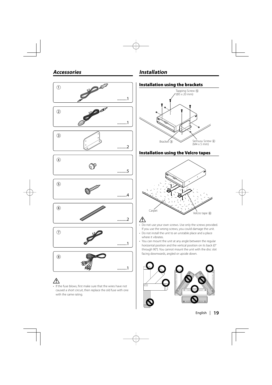 Accessories, Installation | Kenwood KDV-S211P User Manual | Page 19 / 68