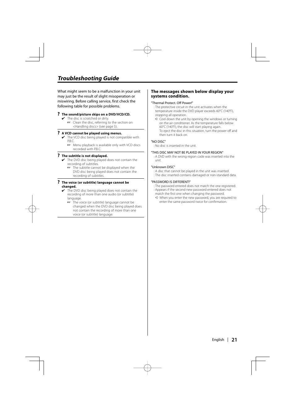 Troubleshooting guide | Kenwood KDV-S211P User Manual | Page 21 / 68