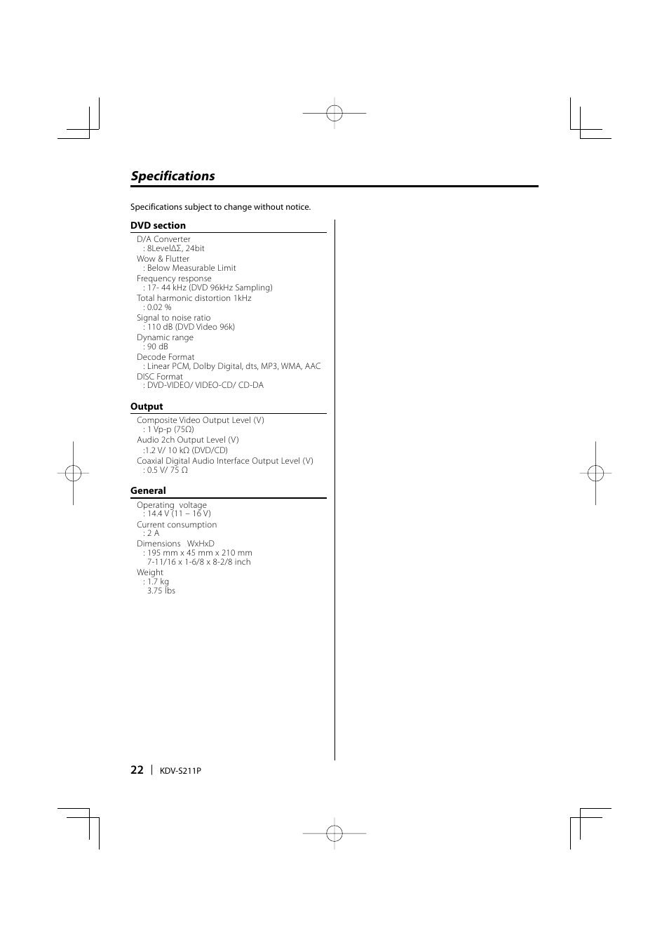 Specifications | Kenwood KDV-S211P User Manual | Page 22 / 68