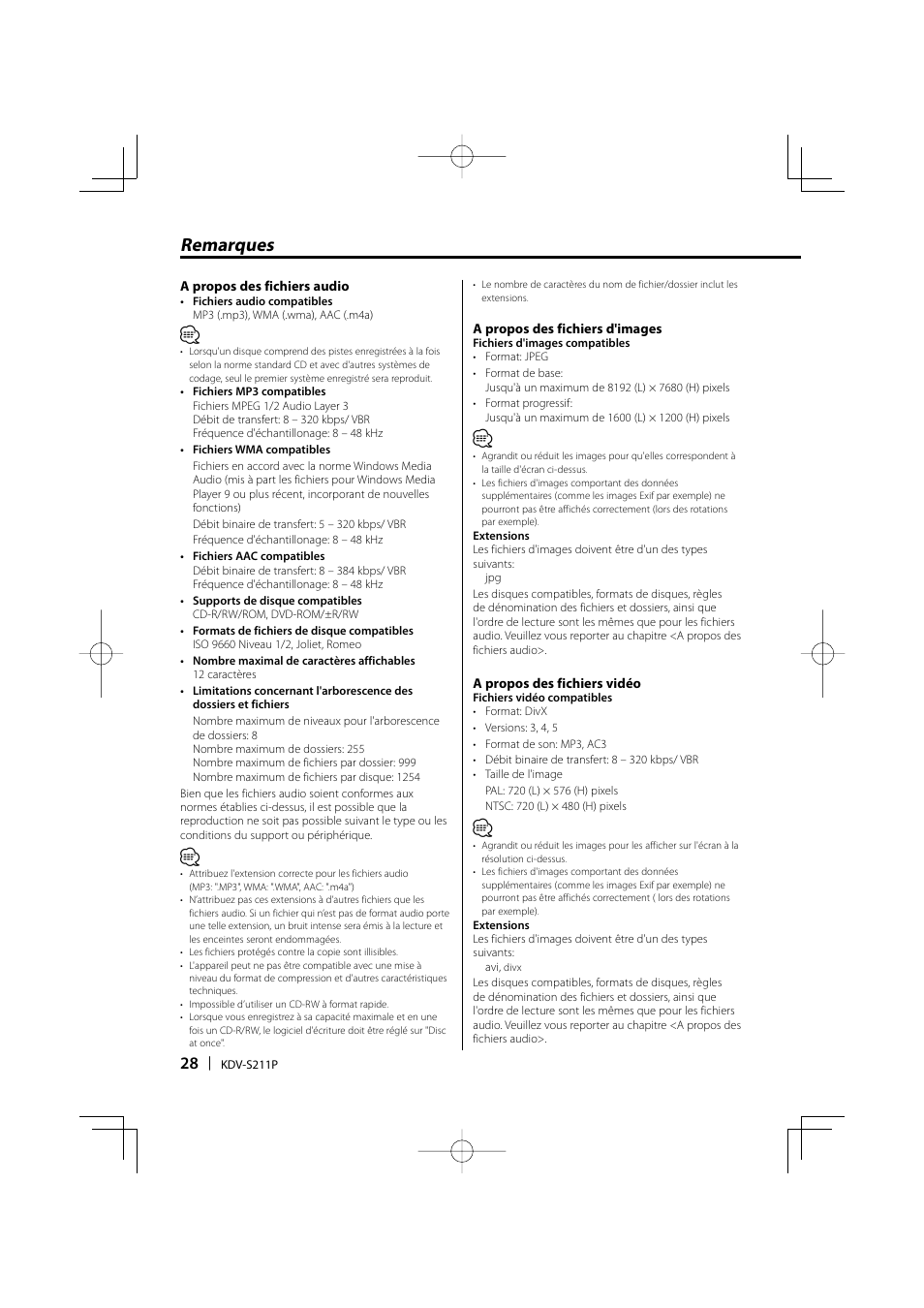 Remarques | Kenwood KDV-S211P User Manual | Page 28 / 68