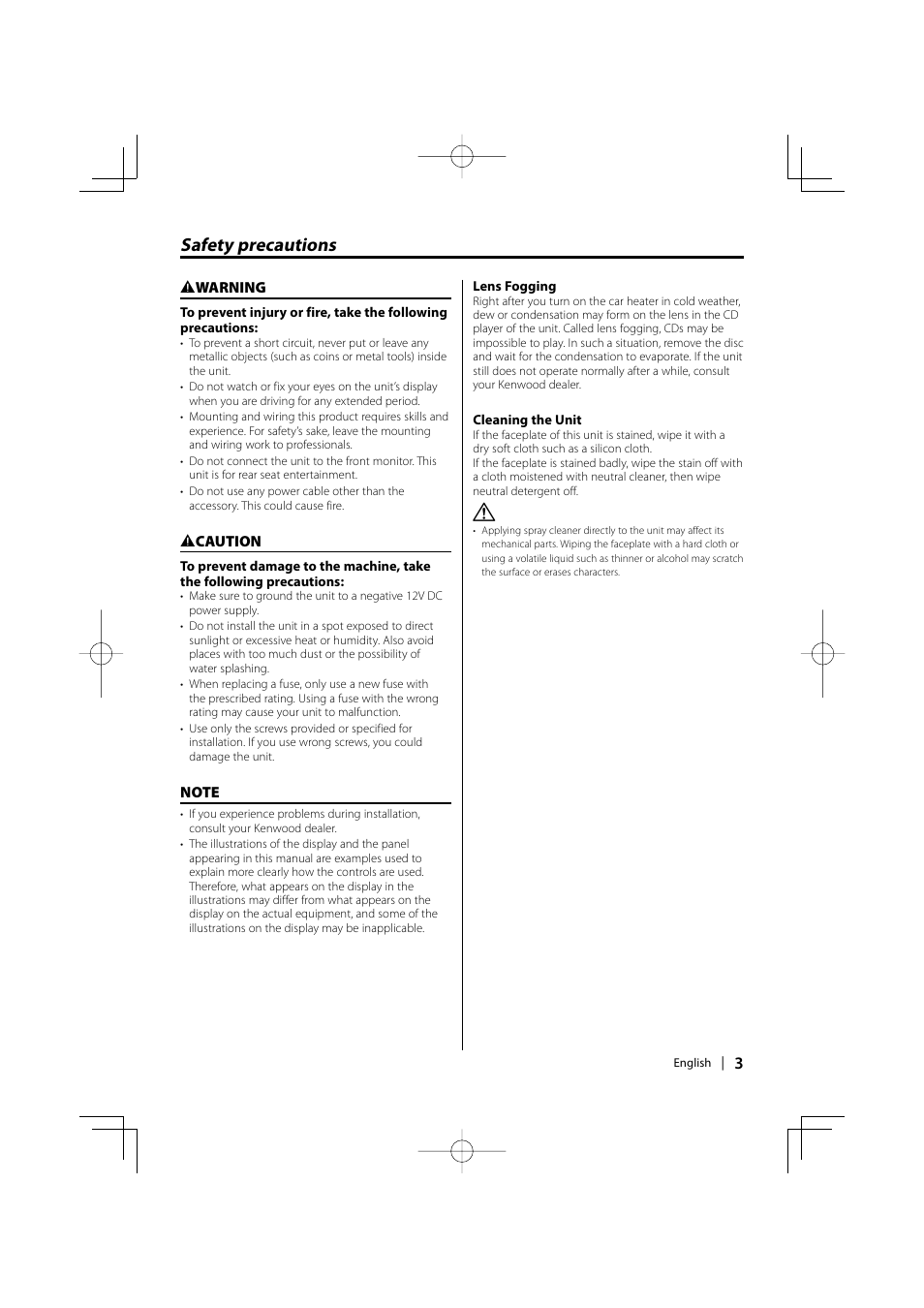 Safety precautions | Kenwood KDV-S211P User Manual | Page 3 / 68