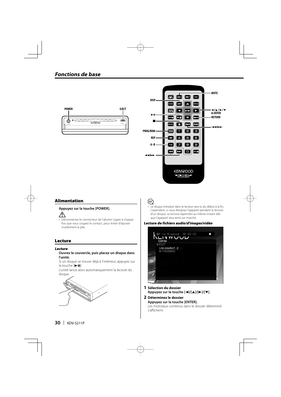 Fonctions de base, Alimentation, Lecture | Kenwood KDV-S211P User Manual | Page 30 / 68
