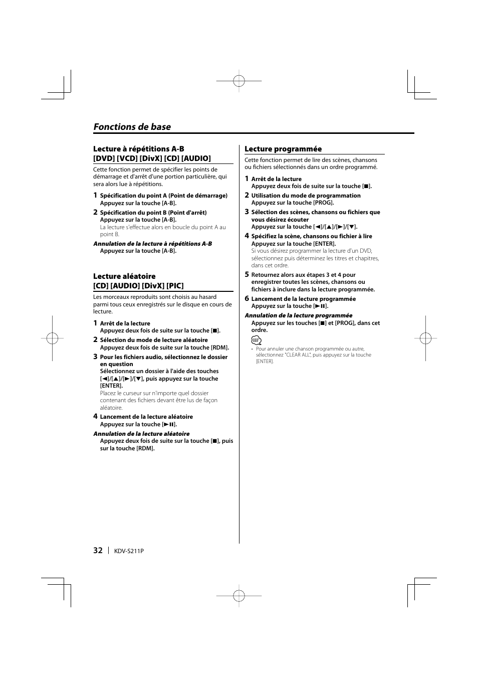 Fonctions de base | Kenwood KDV-S211P User Manual | Page 32 / 68