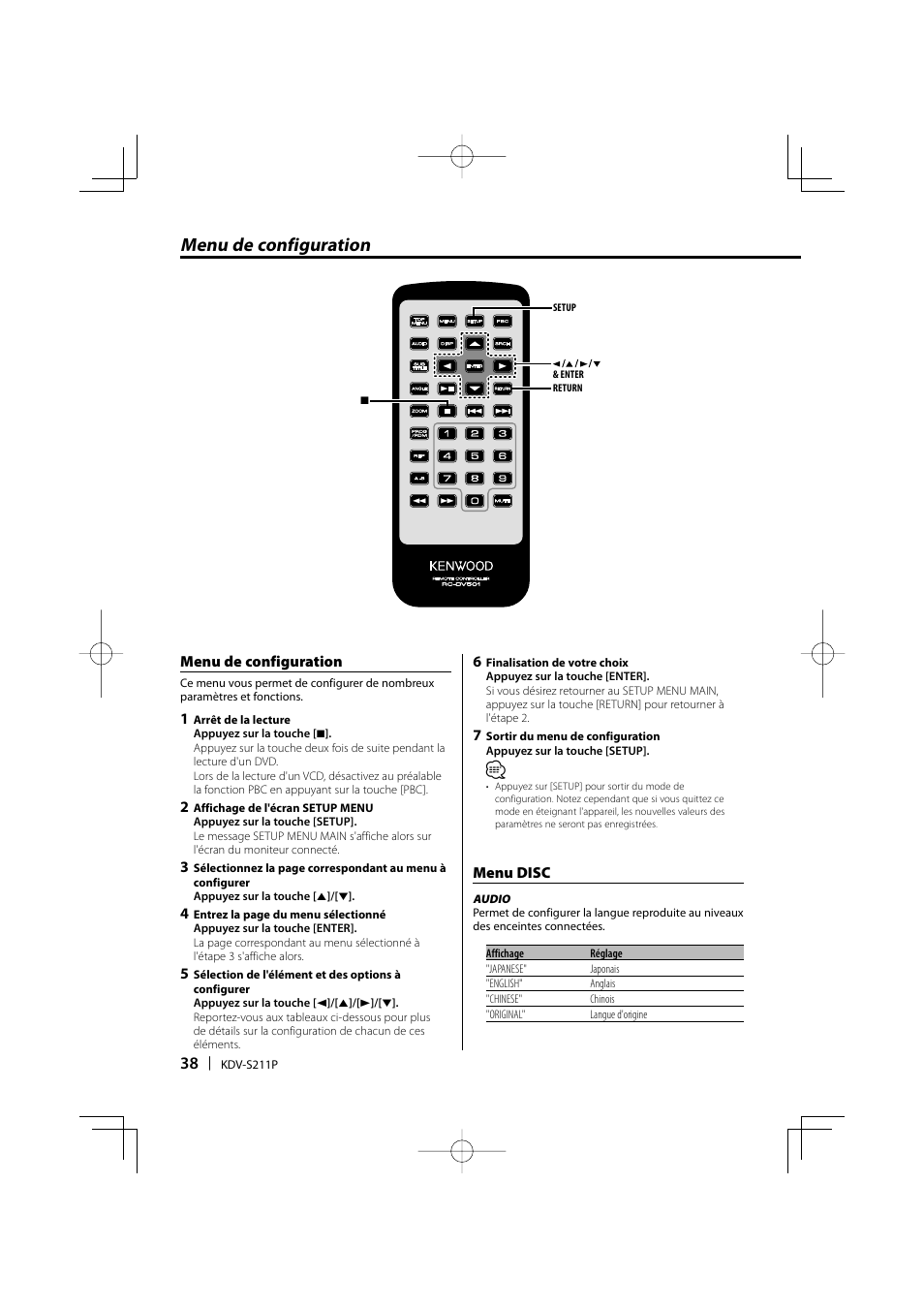 Menu de configuration | Kenwood KDV-S211P User Manual | Page 38 / 68