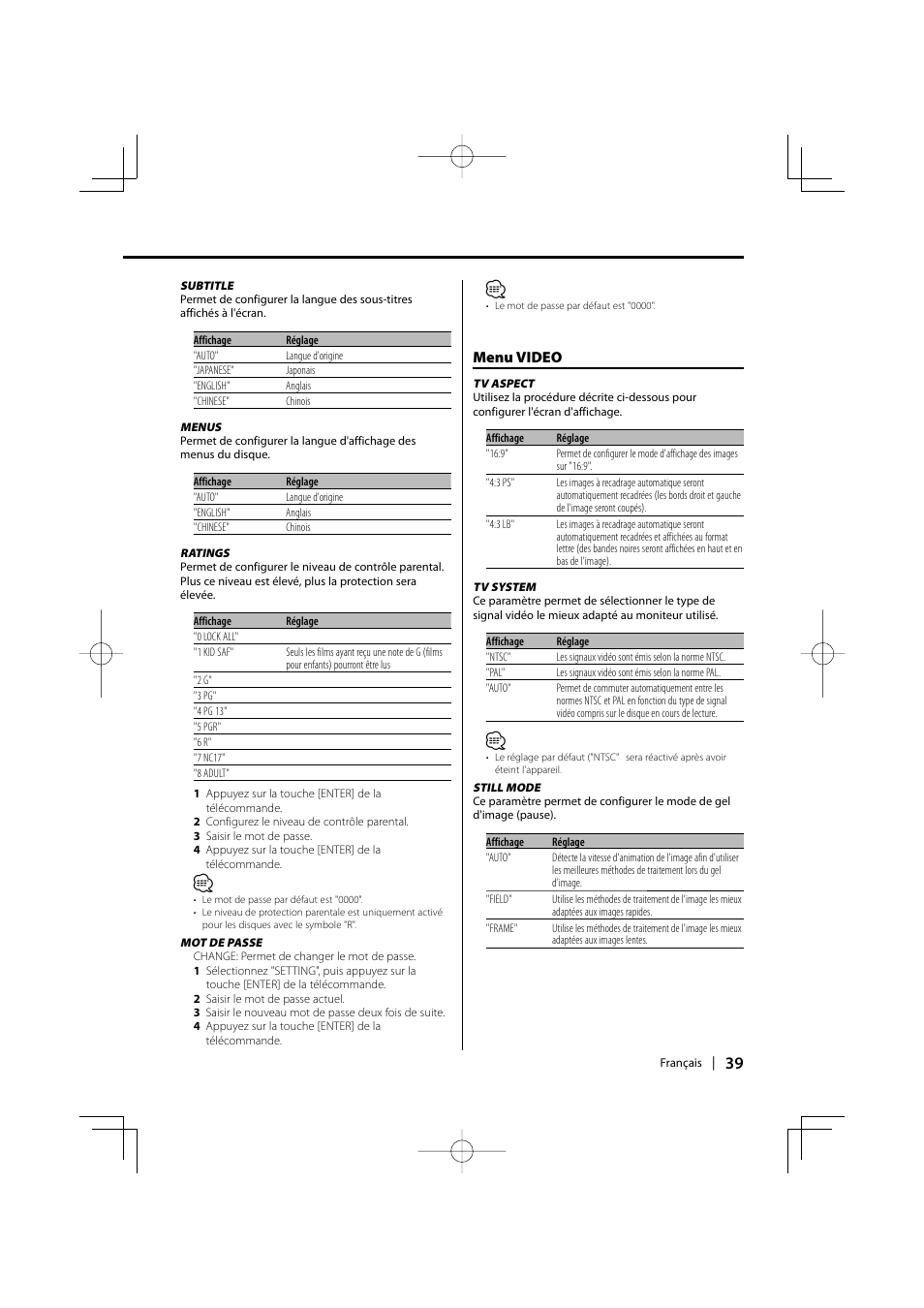 Menu video | Kenwood KDV-S211P User Manual | Page 39 / 68