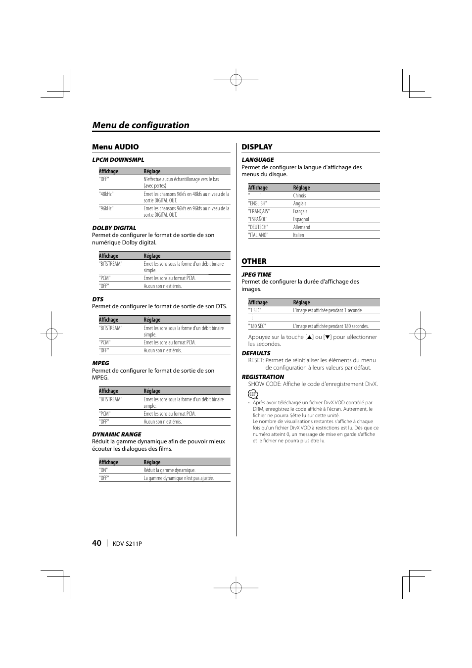 Menu de configuration, Menu audio, Display | Other | Kenwood KDV-S211P User Manual | Page 40 / 68