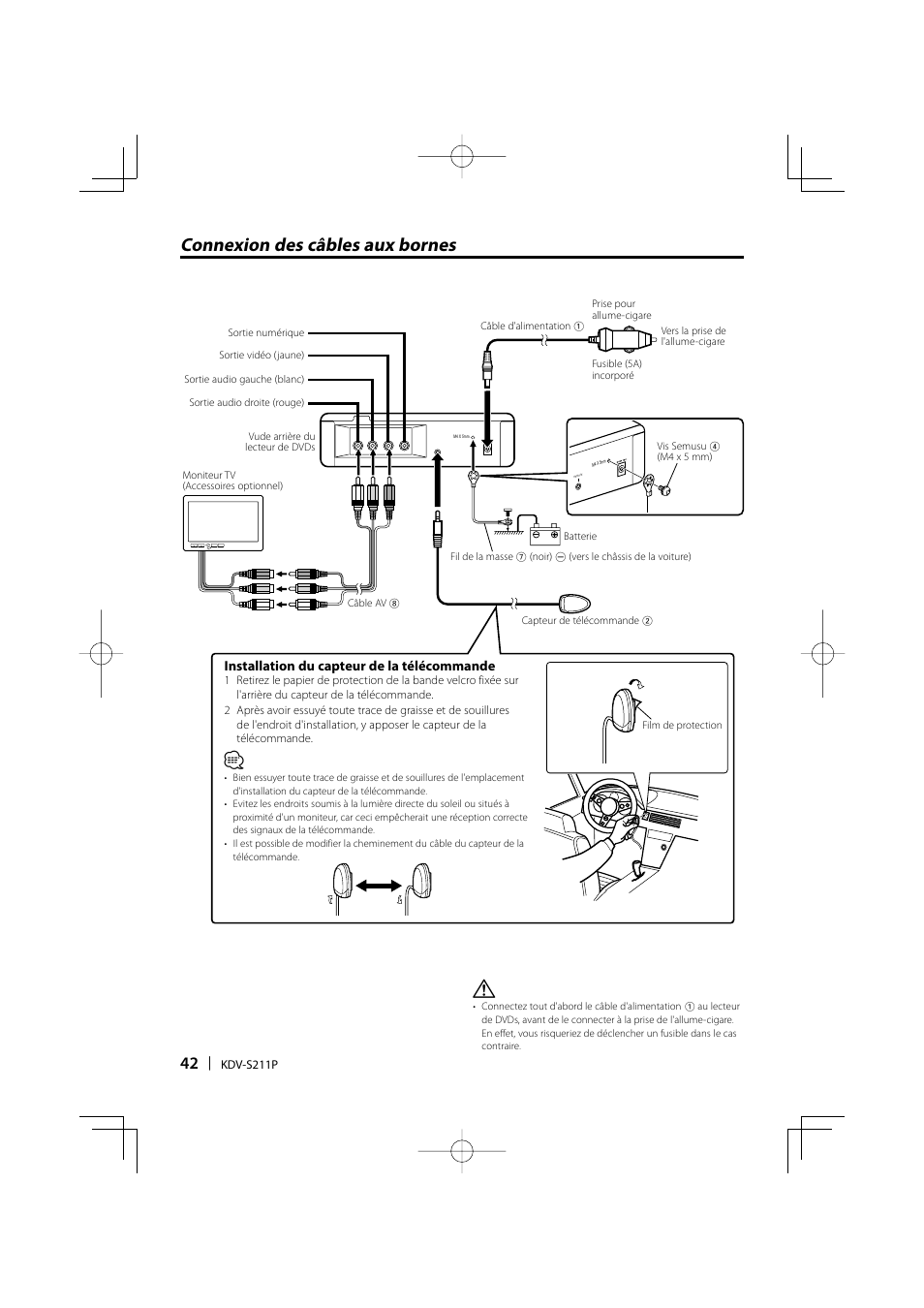 Connexion des câbles aux bornes | Kenwood KDV-S211P User Manual | Page 42 / 68