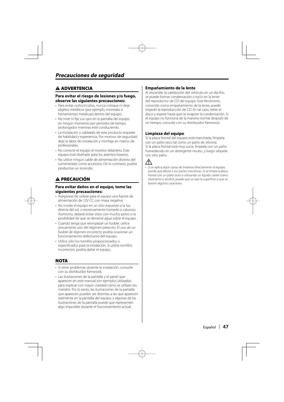 Precauciones de seguridad | Kenwood KDV-S211P User Manual | Page 47 / 68