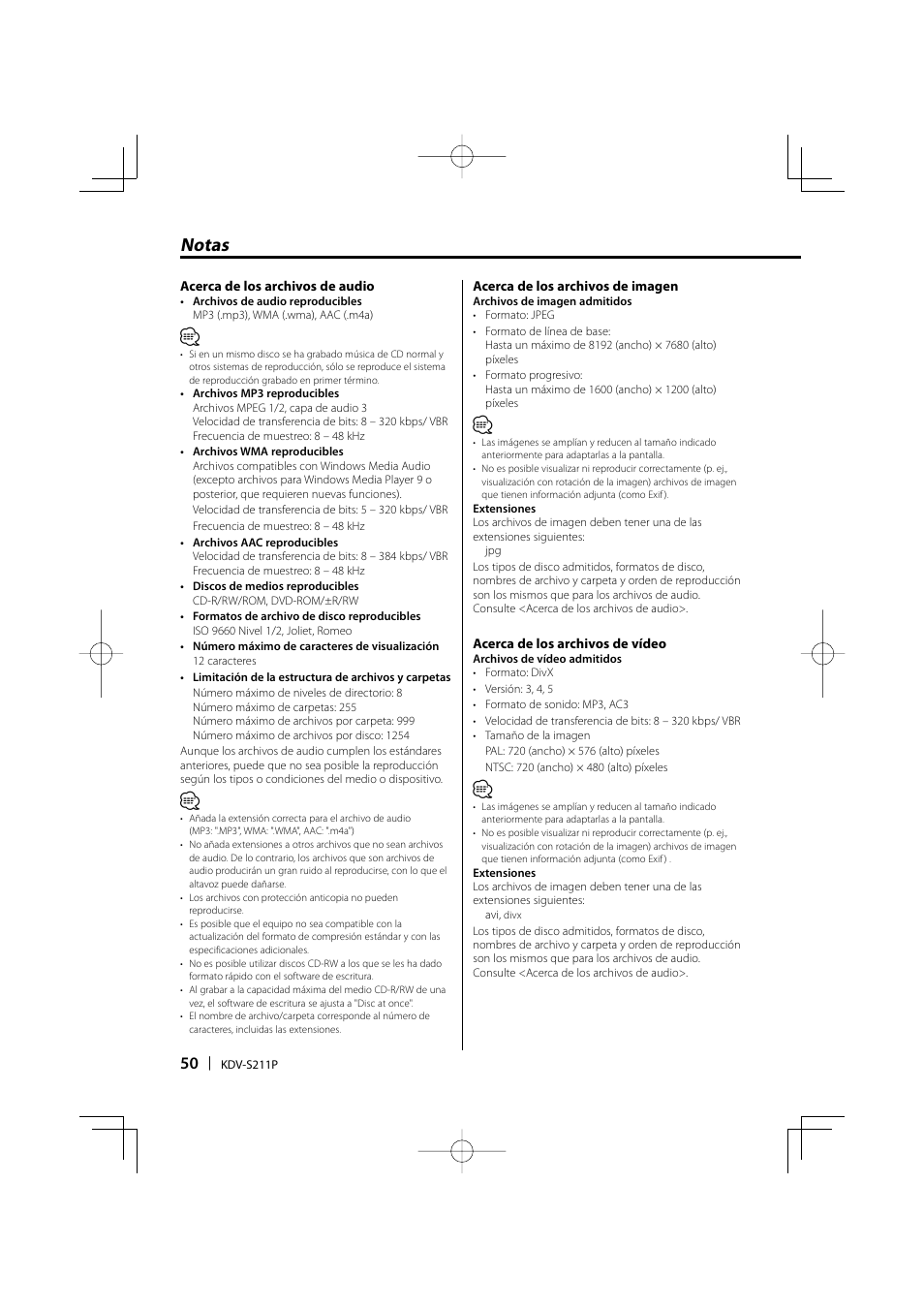 Notas | Kenwood KDV-S211P User Manual | Page 50 / 68
