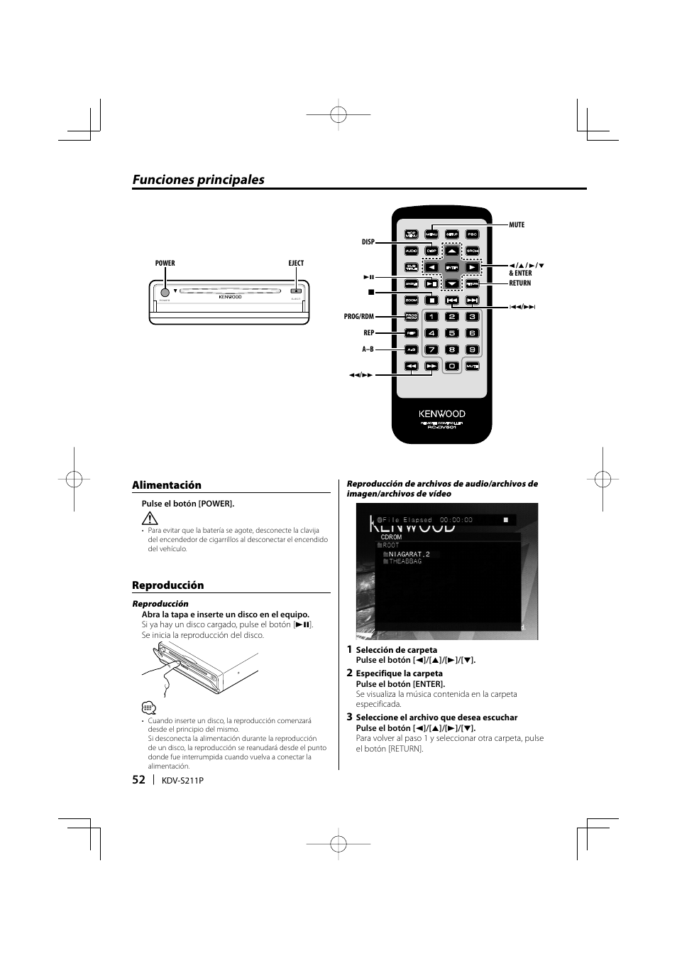 Funciones principales, Alimentación, Reproducción | Kenwood KDV-S211P User Manual | Page 52 / 68