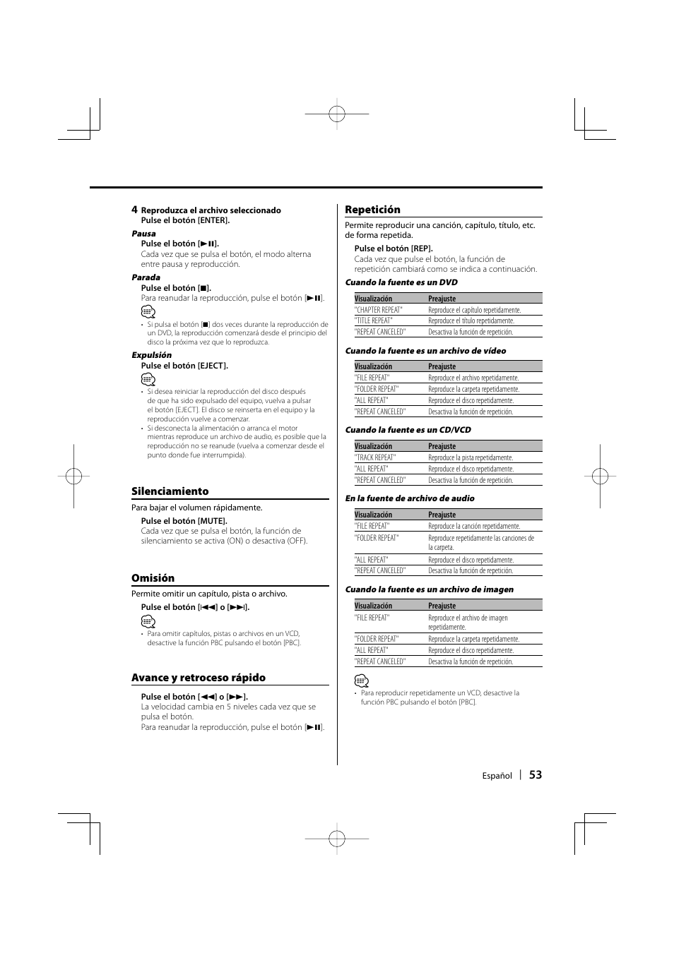 Silenciamiento, Omisión, Avance y retroceso rápido | Repetición | Kenwood KDV-S211P User Manual | Page 53 / 68
