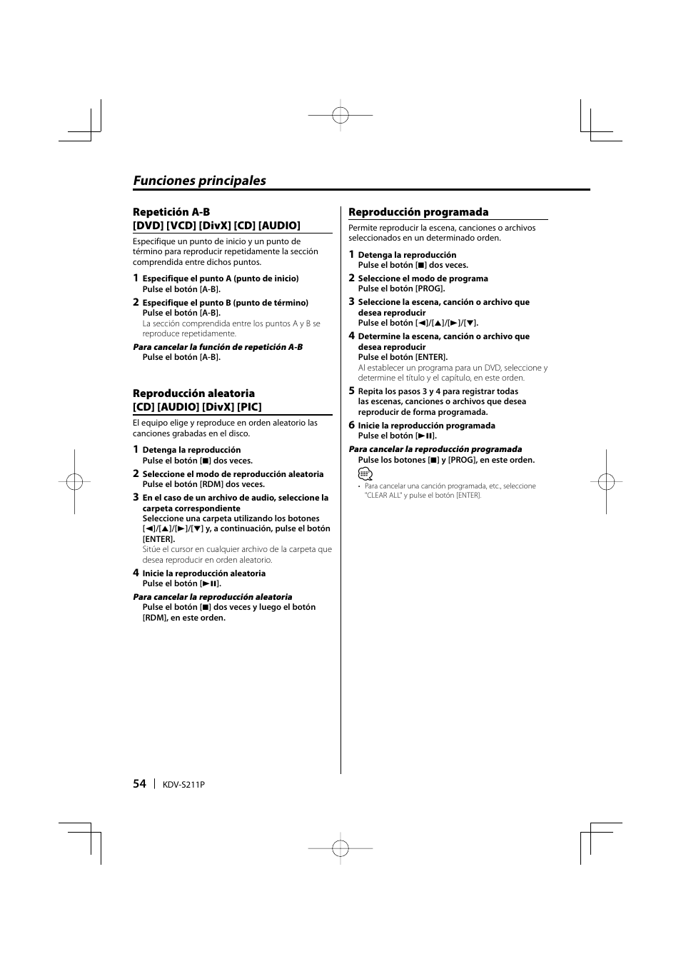 Funciones principales | Kenwood KDV-S211P User Manual | Page 54 / 68