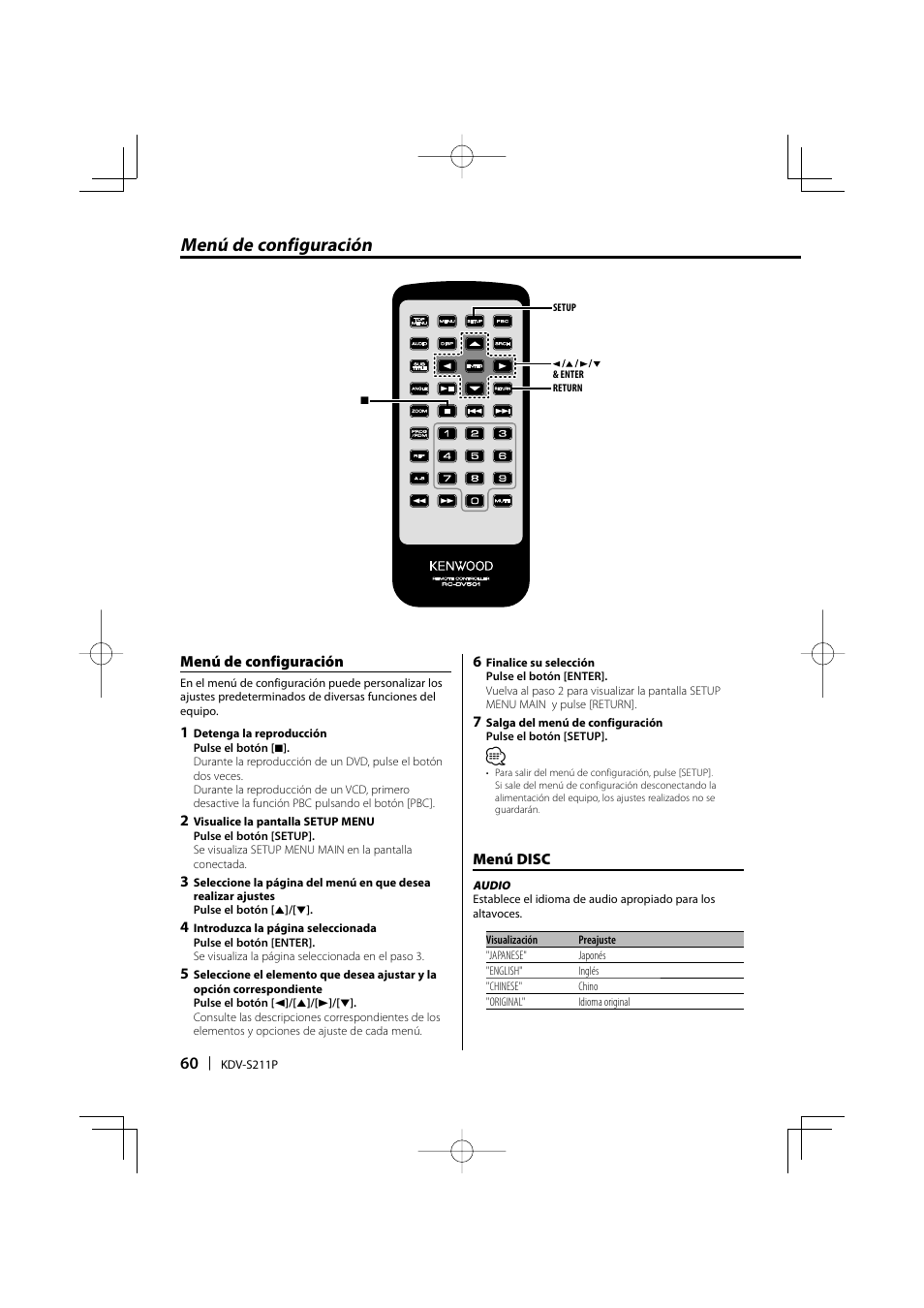 Menú de configuración | Kenwood KDV-S211P User Manual | Page 60 / 68