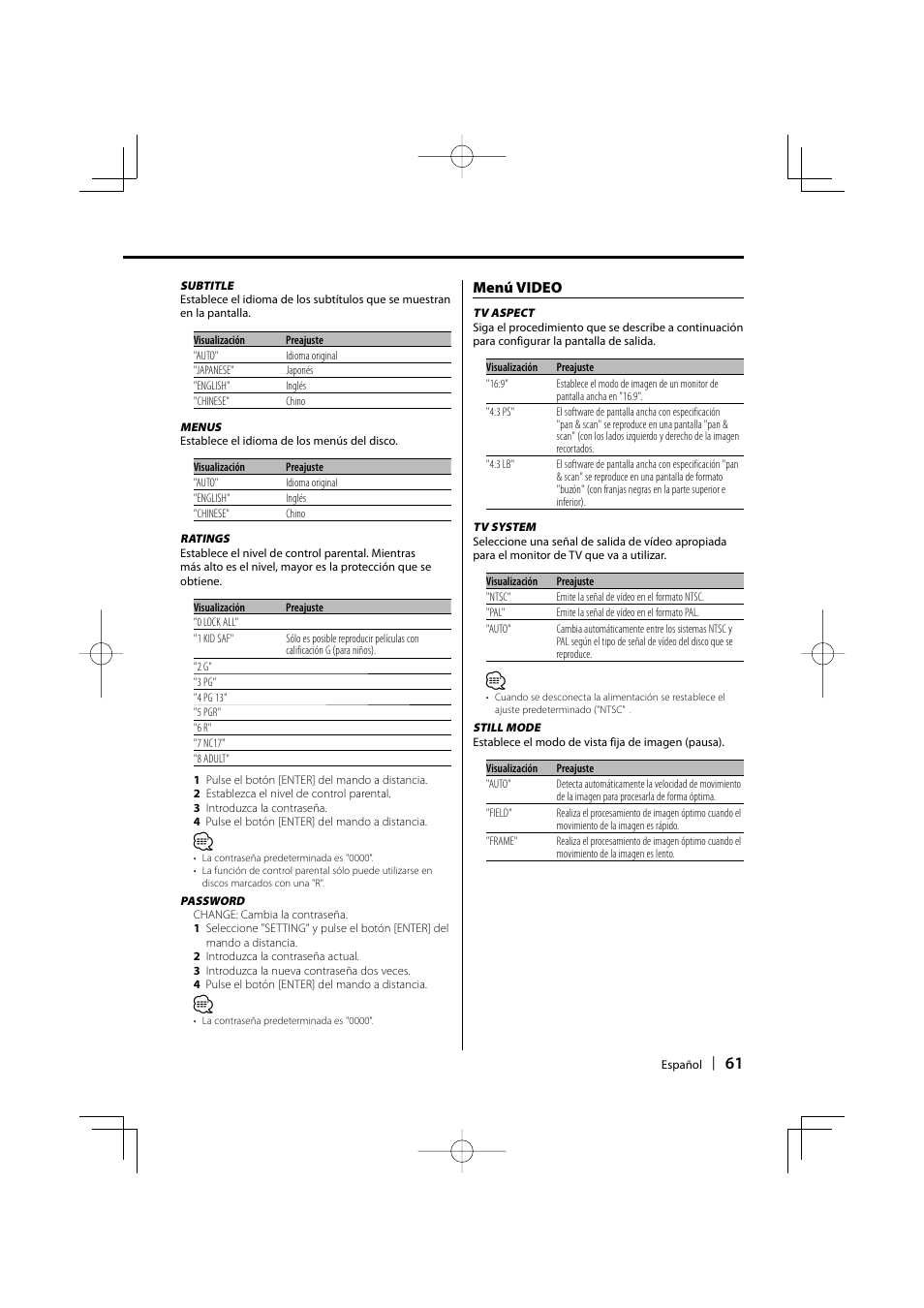 Menú video | Kenwood KDV-S211P User Manual | Page 61 / 68