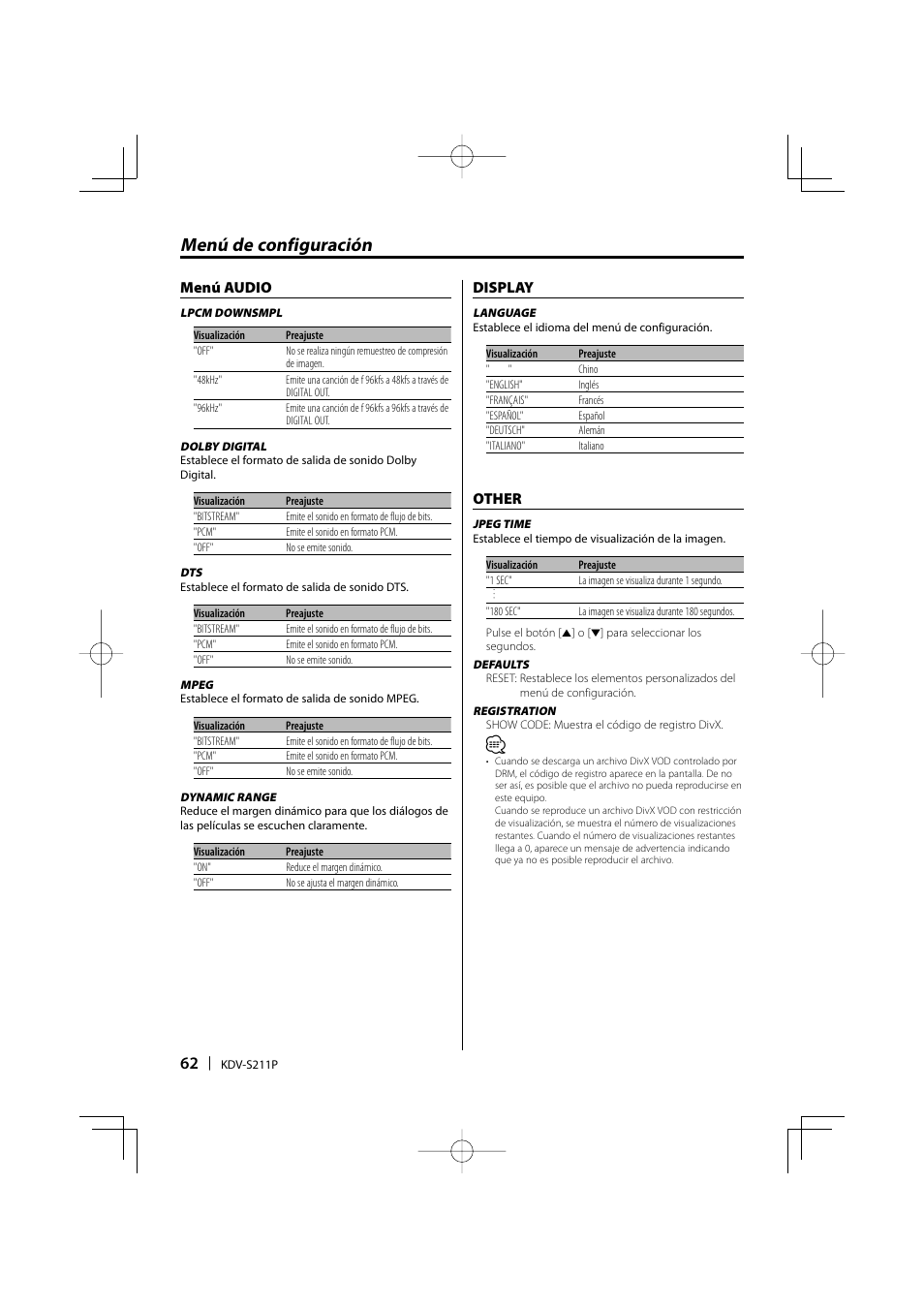 Menú de configuración, Menú audio, Display | Other | Kenwood KDV-S211P User Manual | Page 62 / 68