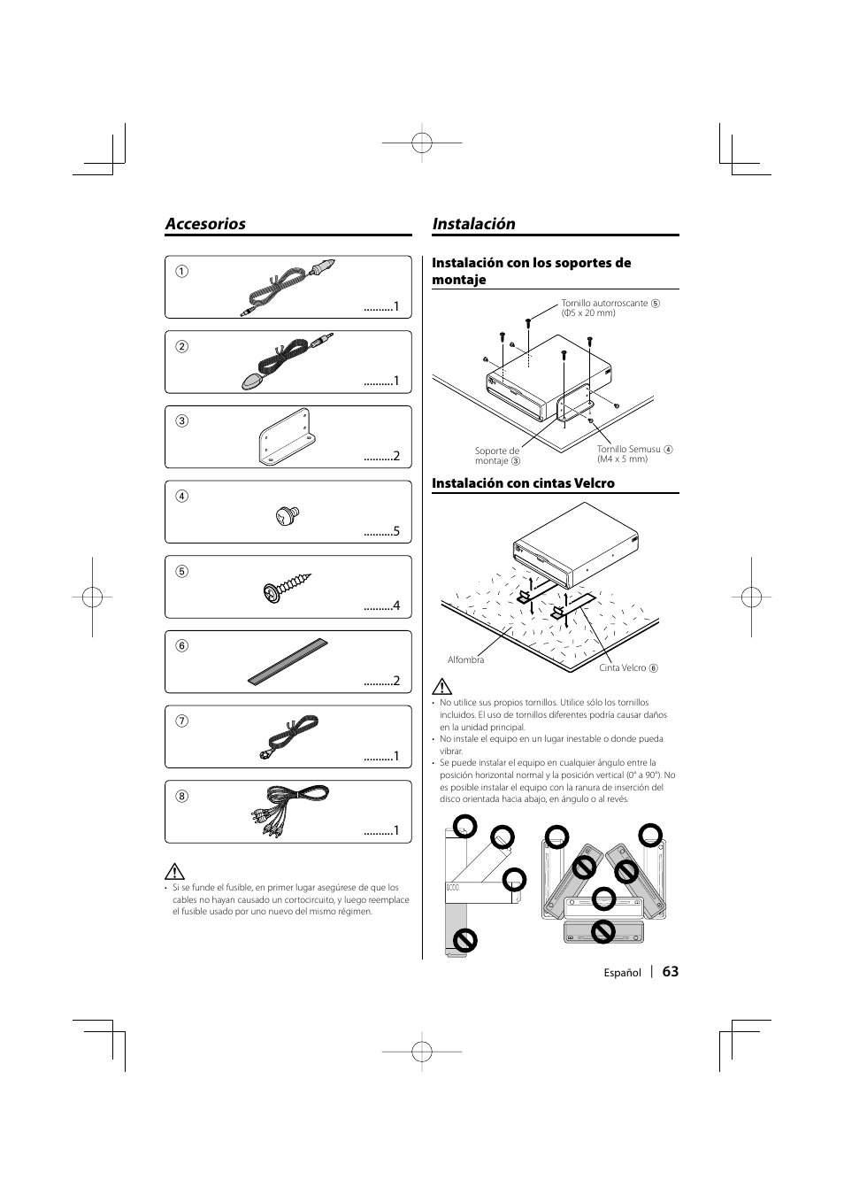 Accesorios, Instalación | Kenwood KDV-S211P User Manual | Page 63 / 68