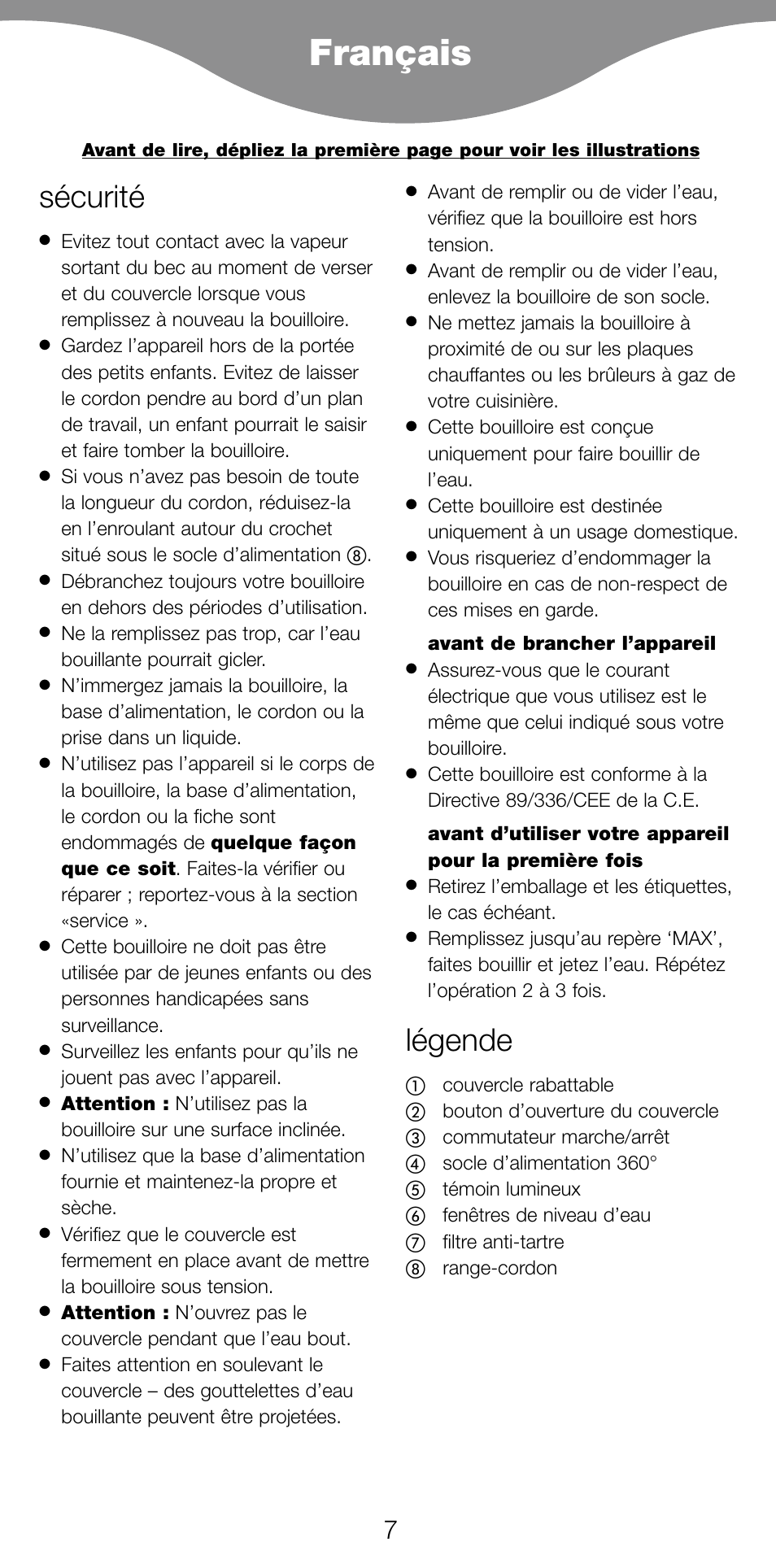 Français, Sécurité, Légende | Kenwood JK940 User Manual | Page 10 / 44