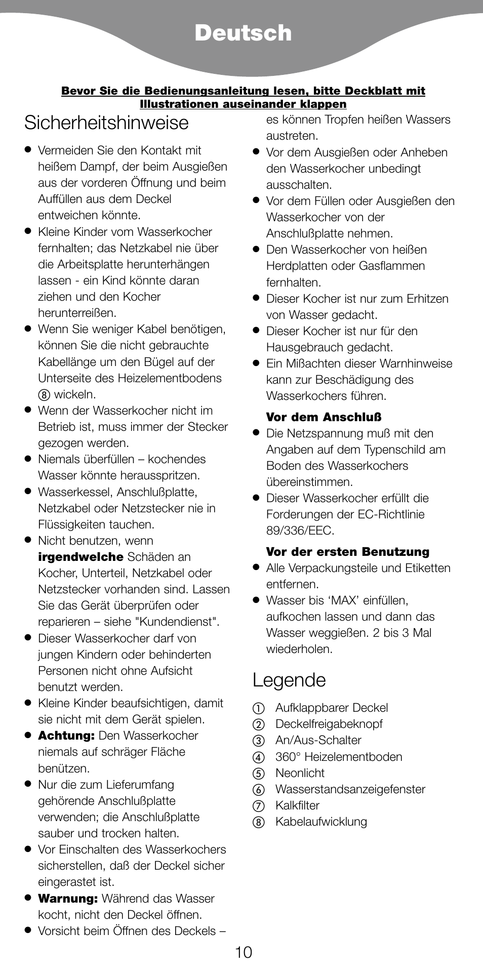 Deutsch, Sicherheitshinweise, Legende | Kenwood JK940 User Manual | Page 13 / 44