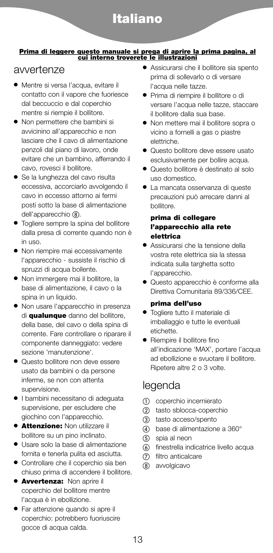 Italiano, Avvertenze, Legenda | Kenwood JK940 User Manual | Page 16 / 44