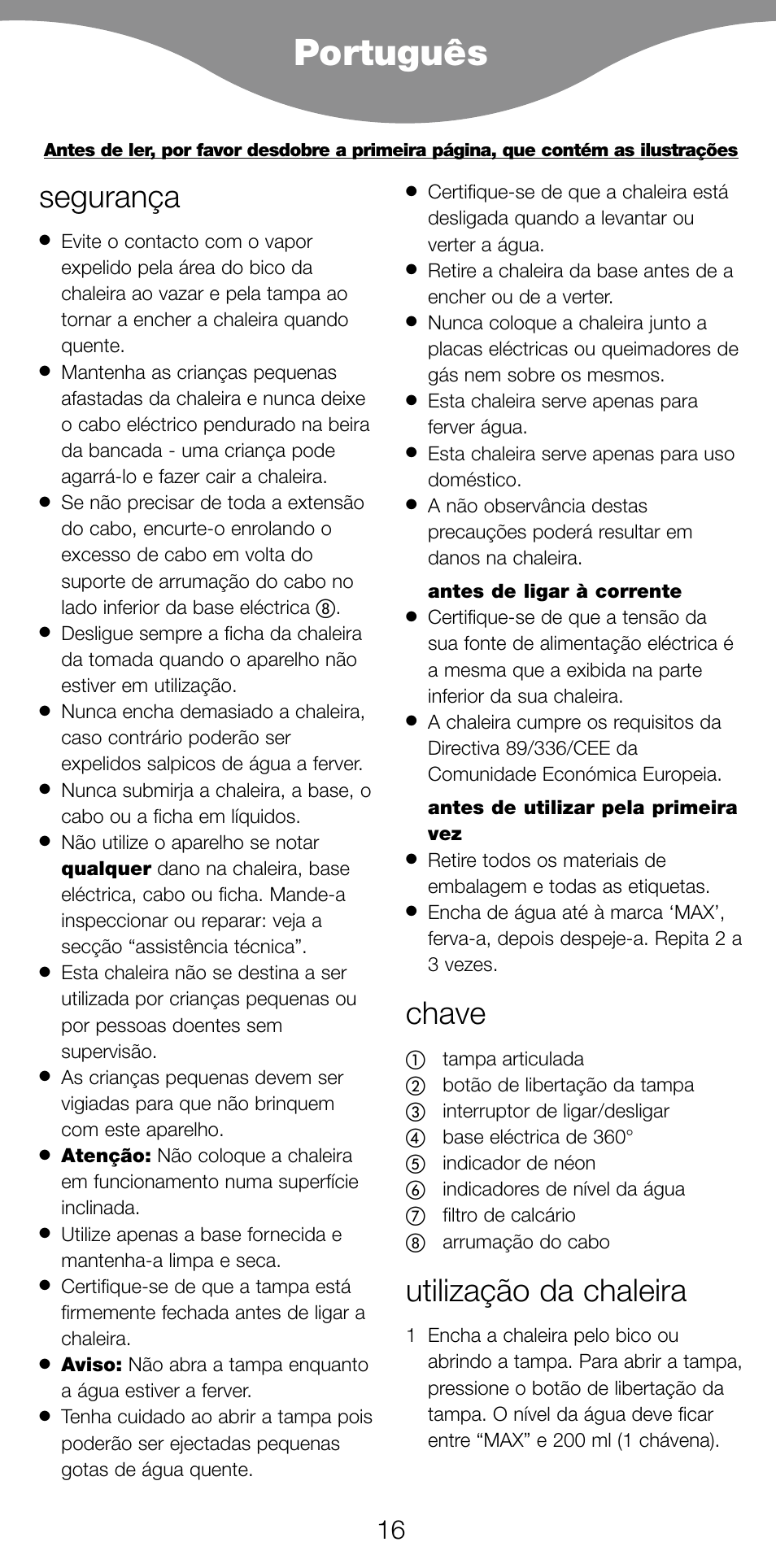 Português, Segurança, Chave | Utilização da chaleira | Kenwood JK940 User Manual | Page 19 / 44