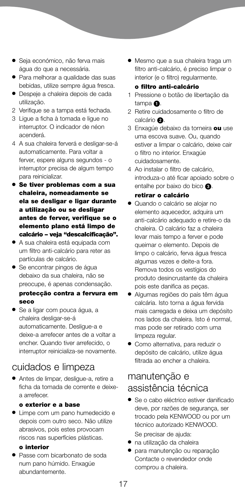 Cuidados e limpeza, Manutenção e assistência técnica | Kenwood JK940 User Manual | Page 20 / 44