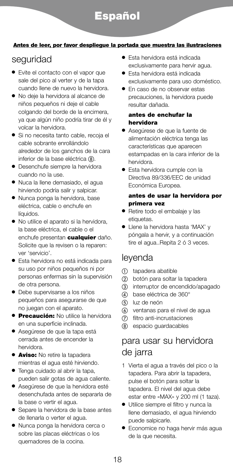 Español, Seguridad, Leyenda | Para usar su hervidora de jarra | Kenwood JK940 User Manual | Page 21 / 44