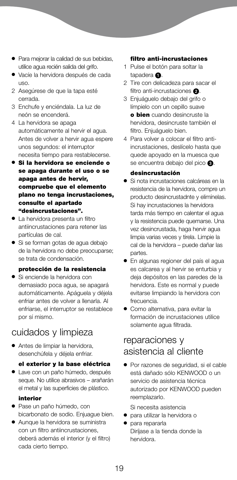 Cuidados y limpieza, Reparaciones y asistencia al cliente | Kenwood JK940 User Manual | Page 22 / 44