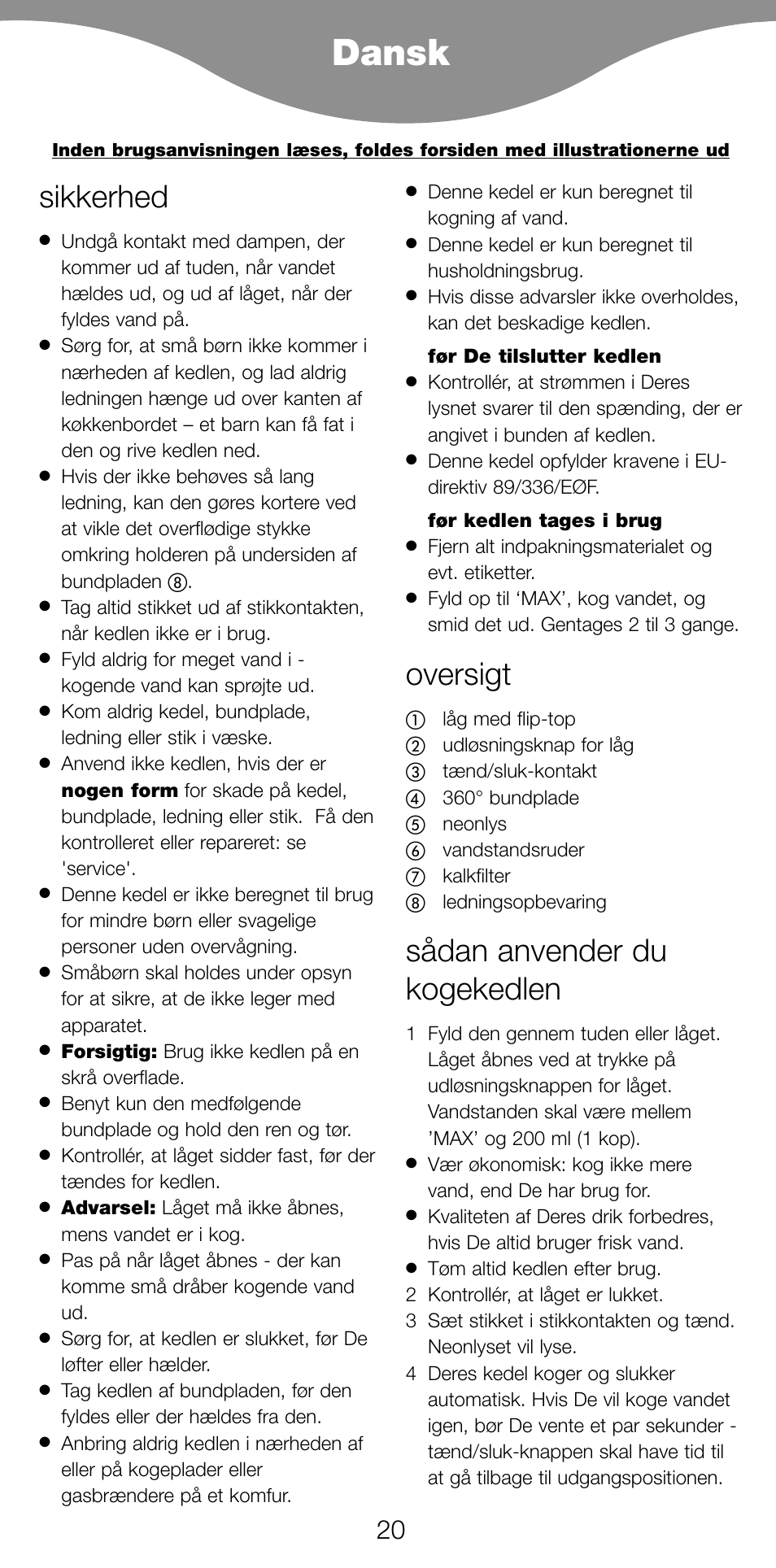 Dansk, Sikkerhed, Oversigt | Sådan anvender du kogekedlen | Kenwood JK940 User Manual | Page 23 / 44