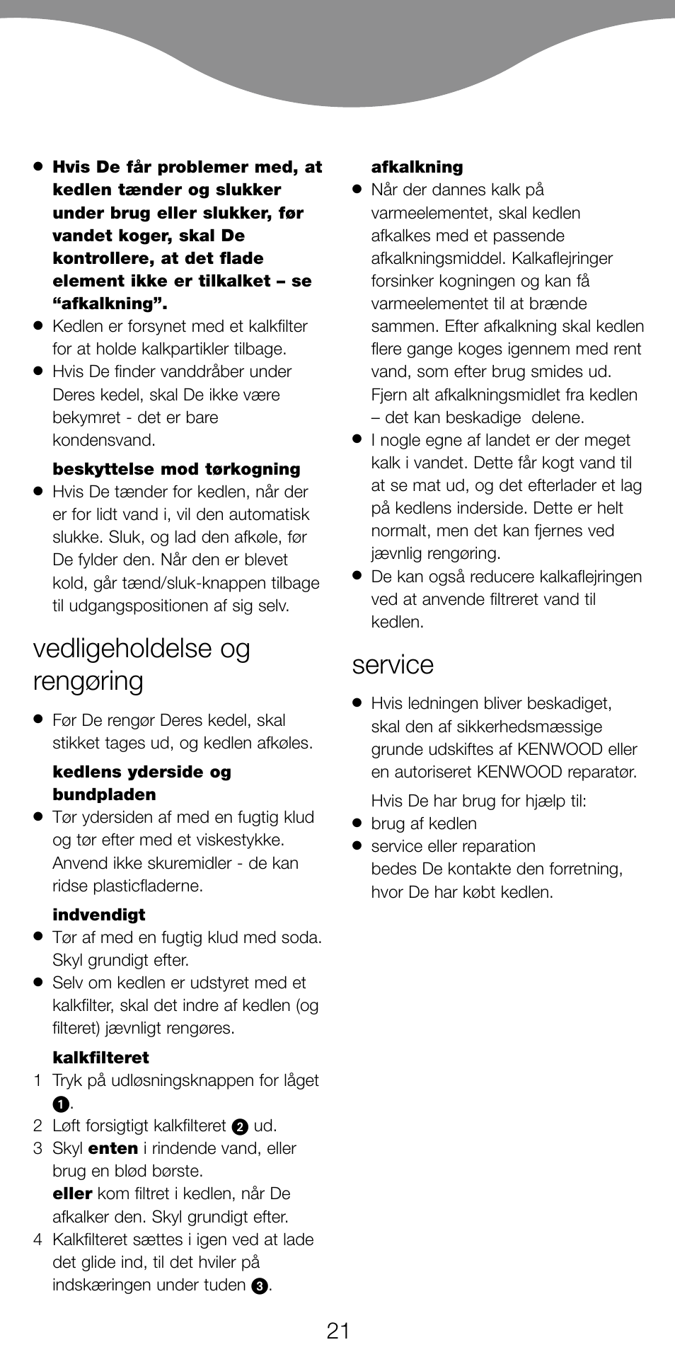 Vedligeholdelse og rengøring, Service | Kenwood JK940 User Manual | Page 24 / 44