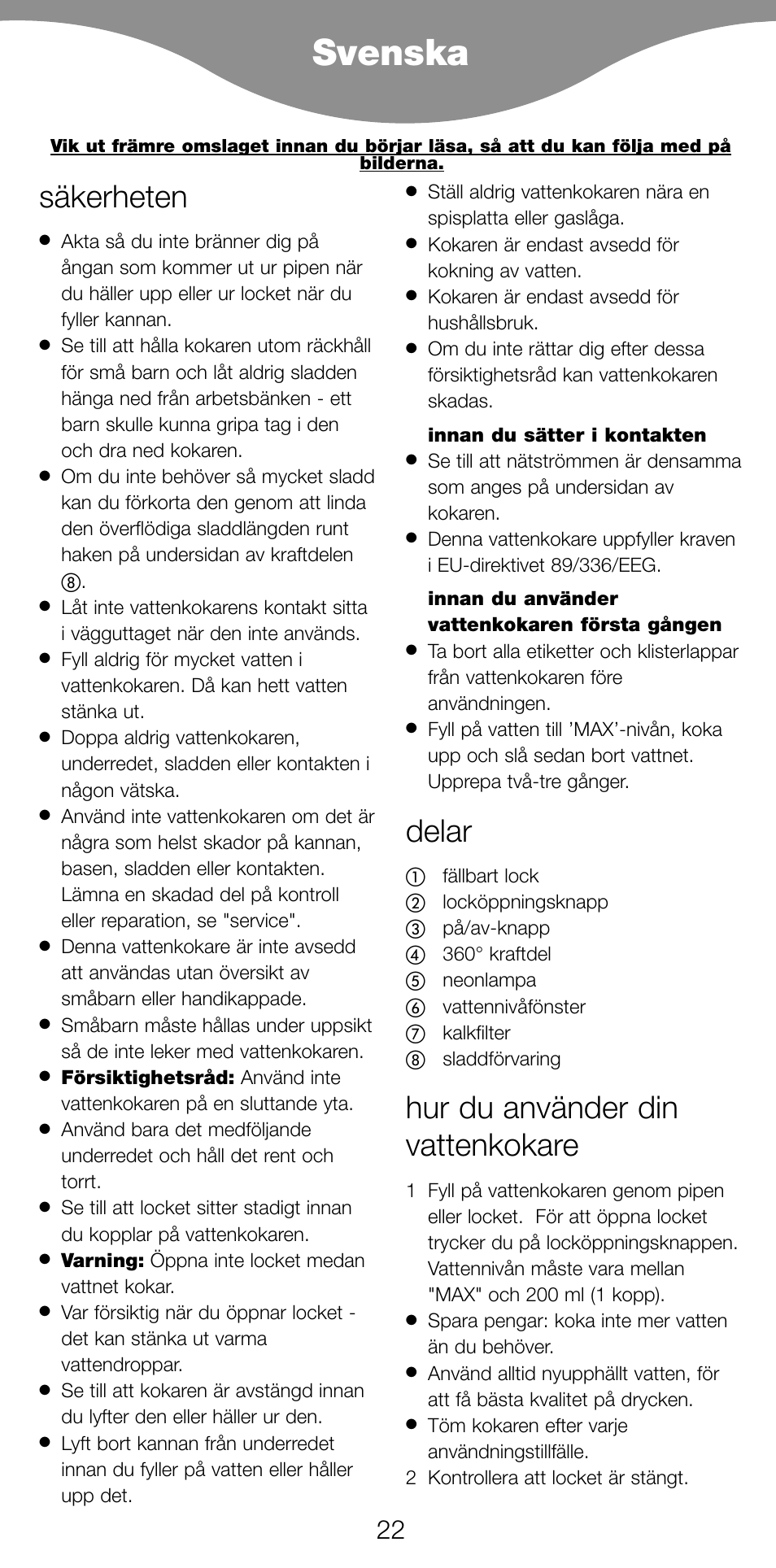 Svenska, Säkerheten, Delar | Hur du använder din vattenkokare | Kenwood JK940 User Manual | Page 25 / 44